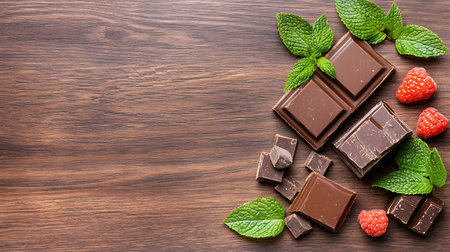 Chocolate, raspberry and mint on wooden background. Top view with copy spaceの写真素材
