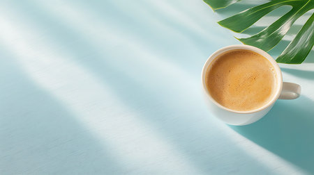 Coffee cup and tropical leaf on blue background with copy spaceの写真素材