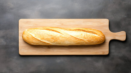 Baguette on wooden cutting board over dark background. Top view
