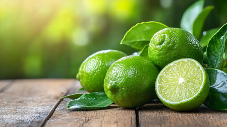 Fresh limes with leaves on wooden table, closeup. Green background.の写真素材