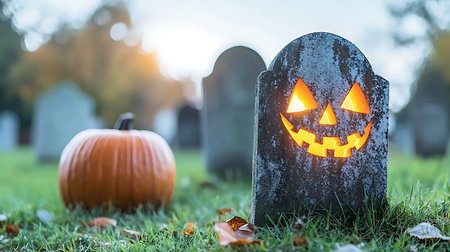 Halloween pumpkin head jack o lantern on grave in cemetery with copy spaceの写真素材
