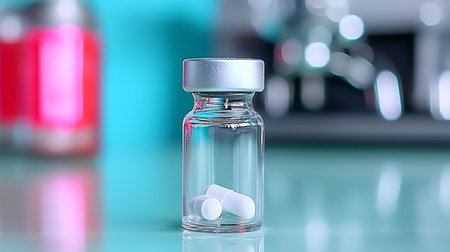 Medical ampoule with pills on the table in the laboratory.