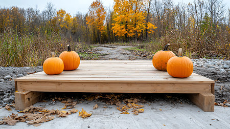 Pumpkins on a wooden bench in the autumn park. Autumn background.の写真素材