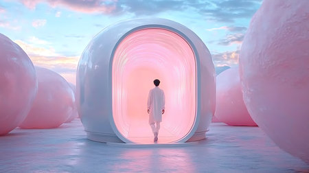 3D rendering of a man standing in front of a futuristic tunnelの写真素材