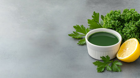 Fresh parsley and lemon sauce on grey background. Copy space.の写真素材