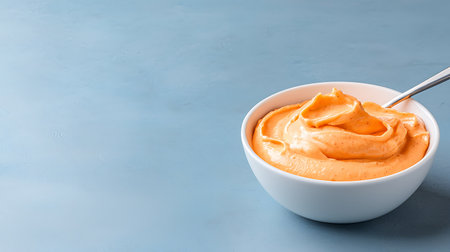 Mustard sauce in a bowl on a blue background. Copy space.の写真素材