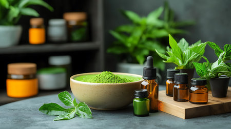 Herbal cosmetic products with fresh basil leaves on table, closeupの写真素材