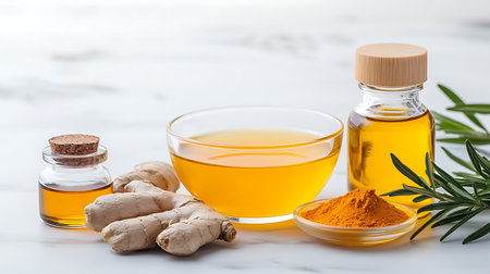 Turmeric oil in glass bottle with fresh turmeric root and spice on white marble backgroundの写真素材