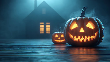 Halloween pumpkins and house on dark toned foggy backgroundの写真素材