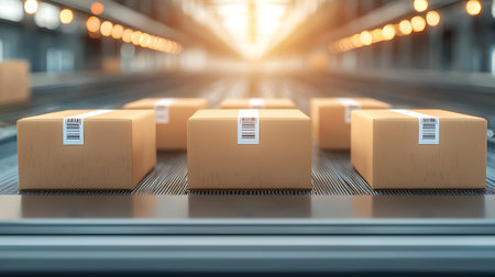 Cardboard boxes on conveyor belt in warehouse. 3d rendering