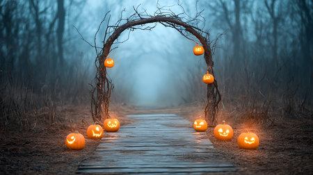 Halloween background with pumpkin lanterns and wooden walkway in foggy forestの写真素材