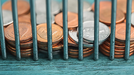 Stack of coins on blue wooden background. Concept of saving money.