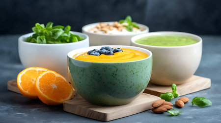 Bowls of healthy smoothie with orange, blueberry and spinach, selective focus.の写真素材