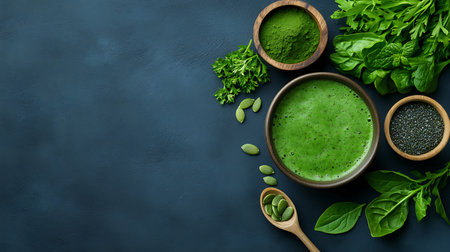 Green spinach smoothie with chia seeds in wooden bowl on black background.の写真素材