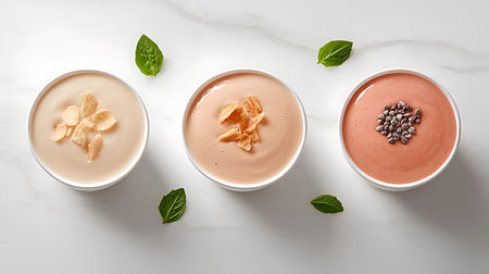 Creamy chocolate mousse with almonds and mint leaves background, top view
