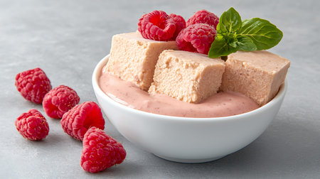 Raspberry cheesecake with fresh raspberries and mint in a white bowl on a gray background