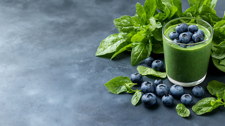 Healthy green smoothie with fresh spinach and blueberry on dark background.の写真素材