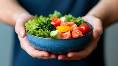 Healthy food concept. Fresh vegetable salad in a bowl in woman handの写真素材