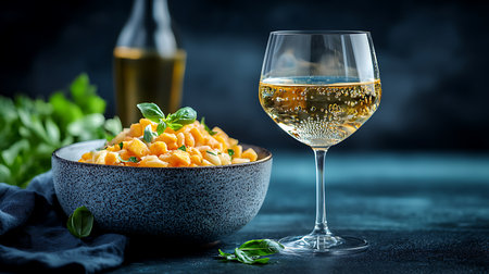 Pasta with cheese and basil on a dark background. Selective focus.の写真素材