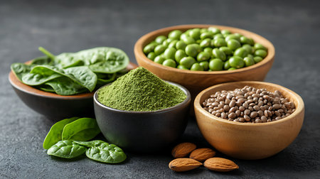 Spinach, green peas and powder in bowls on dark backgroundの写真素材