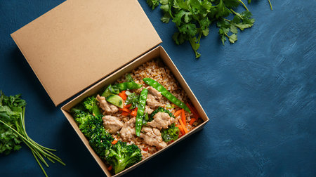 Healthy food delivery concept. Take away box with brown rice, vegetables and meat on blue background