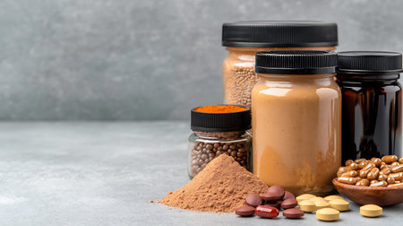 Composition with different types of dietary supplements in glass jars on grey background