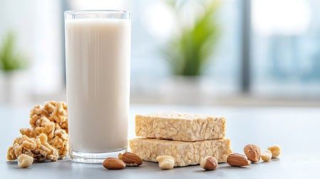 Glass of milk with cereal bars and nuts on table, closeupの写真素材