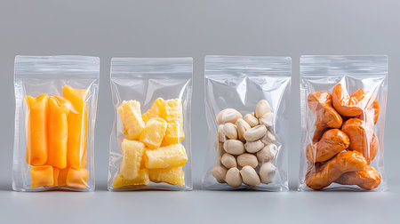 Plastic bags with different types of snacks on a gray background.の写真素材
