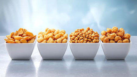 Cashew nuts in white bowls on a table with blurred background.