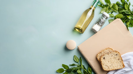 Bread, olive oil and herbs on blue background. Top view