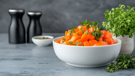 Bowl of fresh carrot salad with parsley and pepper on gray backgroundの写真素材