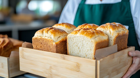 Close-up of a baker holding a basket of bread in a bakery