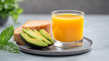 Glass of fresh avocado juice and toast on grey background, closeup