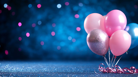 Purple and pink balloons with ribbons on blue bokeh backgroundの写真素材