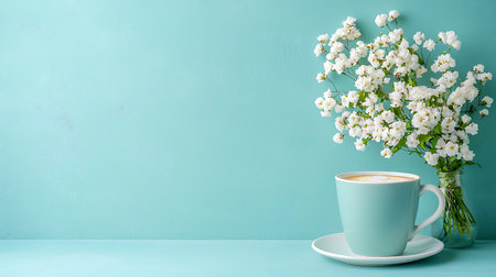 Cup of coffee with white flowers on turquoise background.の写真素材