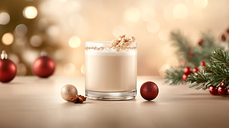 Eggnog cocktail with christmas decoration on bokeh backgroundの写真素材