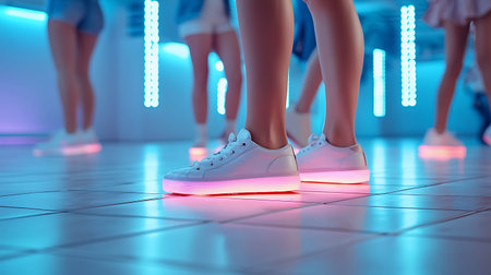 Female legs in white sneakers on the background of neon lights. 3d rendering.