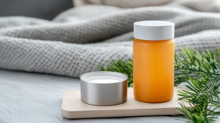 Cosmetic bottle with cream on wooden table. Beauty and skin care concept