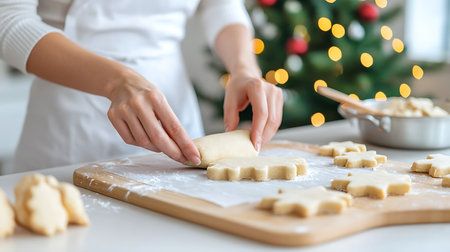 Woman making christmas cookies at table in decorated kitchen, closeupの写真素材
