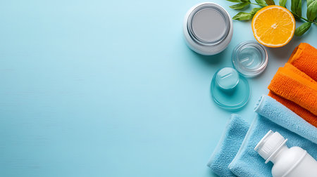 Spa and wellness setting on blue background with copy space, top viewの写真素材