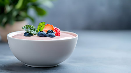 Mousse with fresh berries in a white bowl on a gray backgroundの写真素材