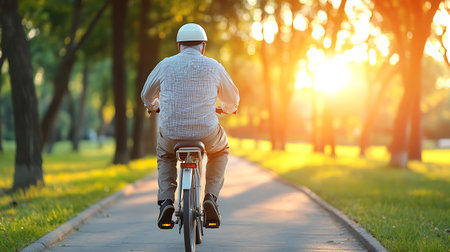 Rear view of senior man riding bicycle in the park at sunsetの写真素材