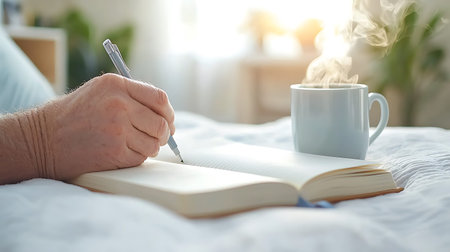 Man writing in a notebook with a cup of coffee on the bed
