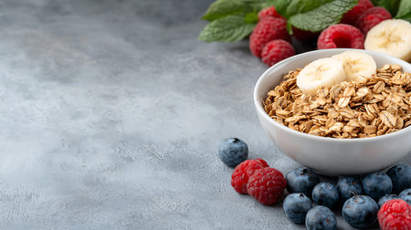 Healthy breakfast - muesli with fresh berries on grey background