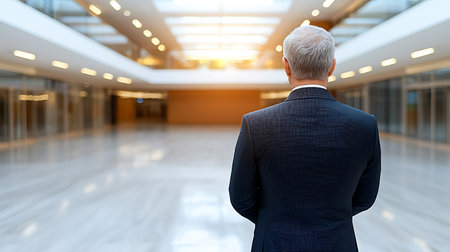 Businessman standing with his back to the camera in a modern officeの写真素材