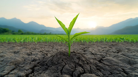Young corn seedlings growing on fertile soil at sunset, Agriculture concept