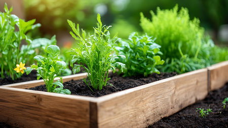 Green seedlings in a wooden box on a background of greeneryの写真素材