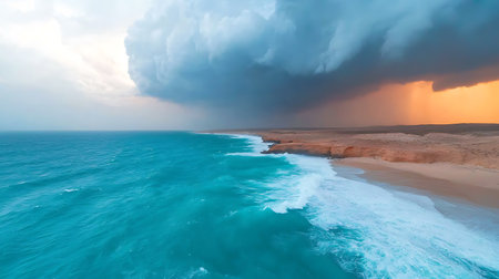 Aerial view of stormy sea and stormy sky with cloudの写真素材