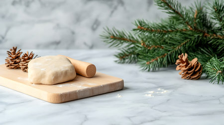 Baking ingredients on white marble background with fir branches and pine conesの写真素材