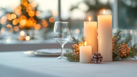 Christmas table setting with burning candles and bokeh lights on backgroundの写真素材